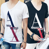 短袖T恤男士上衣青少年夏季韩版修身V领小清新潮男字母印花半袖衫