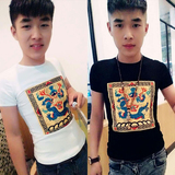 夏季中国风大码男装龙袍刺绣半袖体恤潮青年学生龙纹短袖圆领T恤