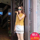 夏季新款韩版白色圆领镂空蕾丝短款宽松无袖背心上衣黄色蕾丝衫女