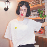 韩国ulzzang做旧复古简约百搭上衣体恤笑脸刺绣纯色短袖T恤女学生