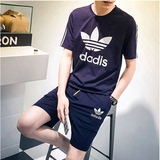 三叶草运动套装男夏季短袖短裤纯棉薄款两件套韩版修身休闲跑步服