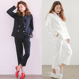 韩国代购2016春小香风珍珠扣休闲西装套装女两件套九分裤职业套装