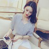2016夏装新款韩版女装气质优雅宽松V领镂空短袖条纹衬衫上衣潮