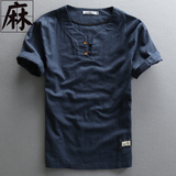 夏季男士休闲亚麻T恤 复古中国风日系宽松棉麻轻薄款短袖麻布衬衣