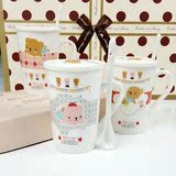 创意陶瓷轻松熊马克杯陶瓷带盖勺早餐牛奶咖啡杯可爱情侣水杯子