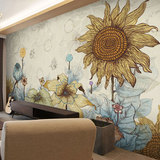 欧式复古花卉向日葵壁纸美式乡村田园客厅卧室休闲咖啡厅油画墙纸