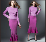 欧洲站2016春装新款女装包臀针织长袖鱼尾两件套装连衣裙修身长裙