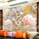精品3D玉雕效果电视沙发背景墙玄关屏风雕刻艺术玻璃牡丹花开富贵