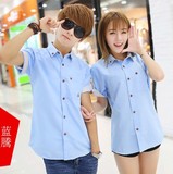 2016夏季新款韩版修身天蓝色短袖班服衬衫情侣装衬衣男女学院风潮