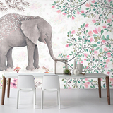 美式田园电视沙发背景墙壁纸 手绘水彩大象无缝定制大型壁画墙布