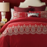 欧式全棉60支长绒棉贡缎刺绣四件套婚庆大红结婚床上用品纯棉1.8