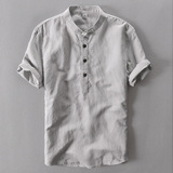夏季男士中国风亚麻盘扣立领短袖衬衫套头薄修身半袖棉麻T恤衬衣