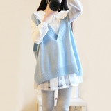 2016韩版秋季新款大码假两件学生毛衣马甲女装娃娃领针织短款套装