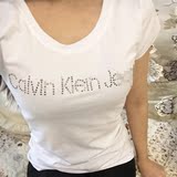 2016欧洲站春夏新品CK简约大牌同款字母烫钻短袖女士T恤打底衫