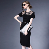 欧美2016新款夏季连衣裙通勤OL气质优雅中长款修身黑色包臀铅笔裙