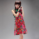 萝素2016夏民族风女装连衣裙中式改良旗袍裙中国风红色显瘦裙子