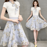 2016夏季新款韩版女装两件套短袖针织小衫印花半身裙休闲时尚套装