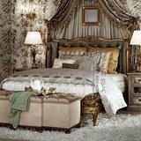 美式乡村实木仿古雕花双人床法式复古做旧绒布软包拉扣大床婚床
