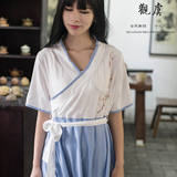 原创中国风手绘汉元素春夏日常汉服女短袖长款连衣裙棉麻长裙
