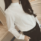 轻轻女孩2016春装新款韩版修身显瘦POLO领单排扣长袖蕾丝衬衫上衣
