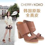 cherrykoko韩国原版正品代购真皮粗跟纯色简约优雅高跟女凉鞋包邮