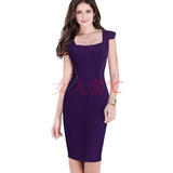 欧美女装修身大方领露锁骨无袖铅笔裙紫色高腰超显瘦中长款连衣裙