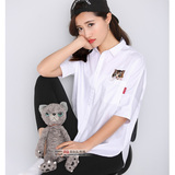 口袋猫咪刺绣宽松白衬衫衬衣不规则设计创意中袖5五分袖韩版夏女