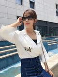 2016年夏季女韩版白色樱花刺绣潮百搭七分袖修身V领衬衫CD62064