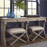 美式实木书桌原木色双人简约办公桌化妆桌软包座面凳书桌椅子组合