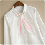 春秋新品粉色长兔耳朵领结白色长袖衬衫女士日系可爱宽松打底上衣