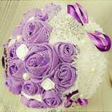 紫白色结婚礼庆韩式新娘手捧花心形玫瑰珍珠蕾丝水钻DIY材料包邮