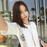 2016韩版女装夏季新款宽松侧边破洞中长款两色圆领针织短袖T恤女
