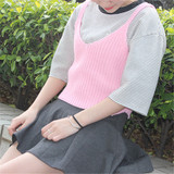 韩版新款针织毛衣背心v领短款马甲吊带无袖显瘦少女纯色复古简约