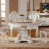 大理石餐桌 欧式田园风格圆桌法式象牙白实木雕花餐桌椅组合饭桌