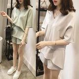 2016新款女夏季短袖韩国休闲女两件套短裤上衣大码肥婆V领女套装