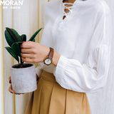 2016秋装女装新款韩国麻棉系带V领宽松衬衫 九分长袖上衣气质学生