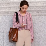 韩国 气质时尚粉色竖条纹长袖衬衫 BF风宽松休闲打底衬衣防晒衫女