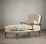 美式复古休闲单人沙发做旧实木水曲柳亚麻布贵妃椅法式躺椅可定制