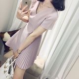 2016夏新款女装韩版短袖V领甜美小清新百褶雪纺连衣裙粉色裙薄荷