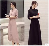 2016春装新款韩版大码女装中长款修身时尚长袖雪纺连衣裙长裙