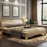 全实木床 欧式床头层真皮1.8米 原木色双人床 卧室家具北欧风格床