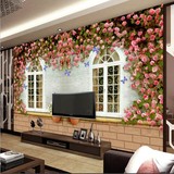 无缝墙纸清新复古欧式壁画蔷薇蝴蝶窗户客厅沙发电视背景墙壁纸