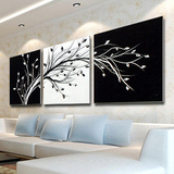 现代简约客厅装饰画 黑白抽象发财树 沙发背景墙三联画 水晶挂画
