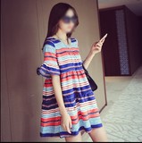 韩国2016春夏新款女装显瘦条纹沙滩连衣裙海边度假短裙喇叭娃娃裙