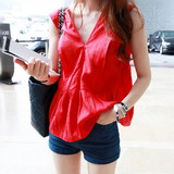 韩国代购2016夏季新款女装无袖V领红色上衣雪纺衫简约T恤显瘦体恤