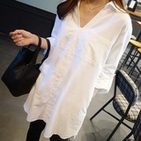 韩版大码孕妇装衬衫夏季衬衣白色纯棉不透中长款显瘦V领孕妇衬衣