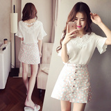 2016夏新款韩版V领荷叶袖雪纺衫+单排扣高腰A字包臀裙两件套装女