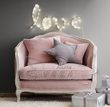美式乡村实木做旧布沙发 时尚粉色公主沙发椅 客厅卧室休闲单人椅