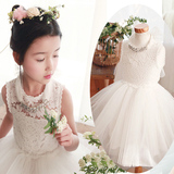 韩国版童装2016夏装新款女童时尚连衣裙中大童白色纱裙蕾丝礼服
