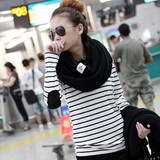 2016韩版女装打底衫低领春秋季黑白条纹宽松长袖t恤中长款